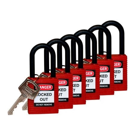 Brady Brady 123351 Safety Padlock With Label, Keyed Differently, Nylon Shackle, Nylon, Red, 6/Pack 123351